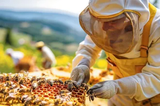 A man in a beekeeper's suit is tending to a hive of bees