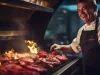Professional chef grilling meat on a flaming grill - AI