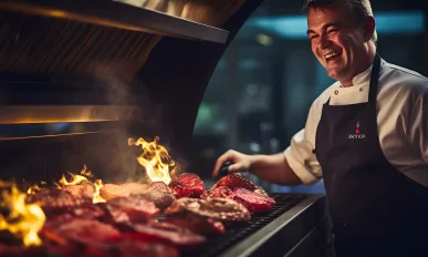 Professional chef grilling meat on a flaming grill - AI