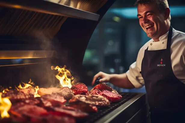 Professional chef grilling meat on a flaming grill - AI