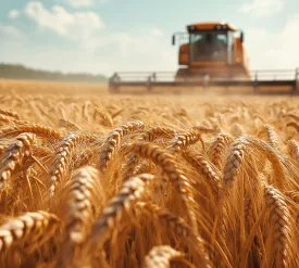 Expansive wheat field during harvest, a tractor working under a clear sky with golden grains swaying