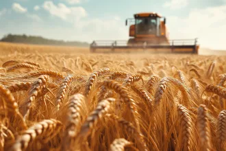 Expansive wheat field during harvest, a tractor working under a clear sky with golden grains swaying