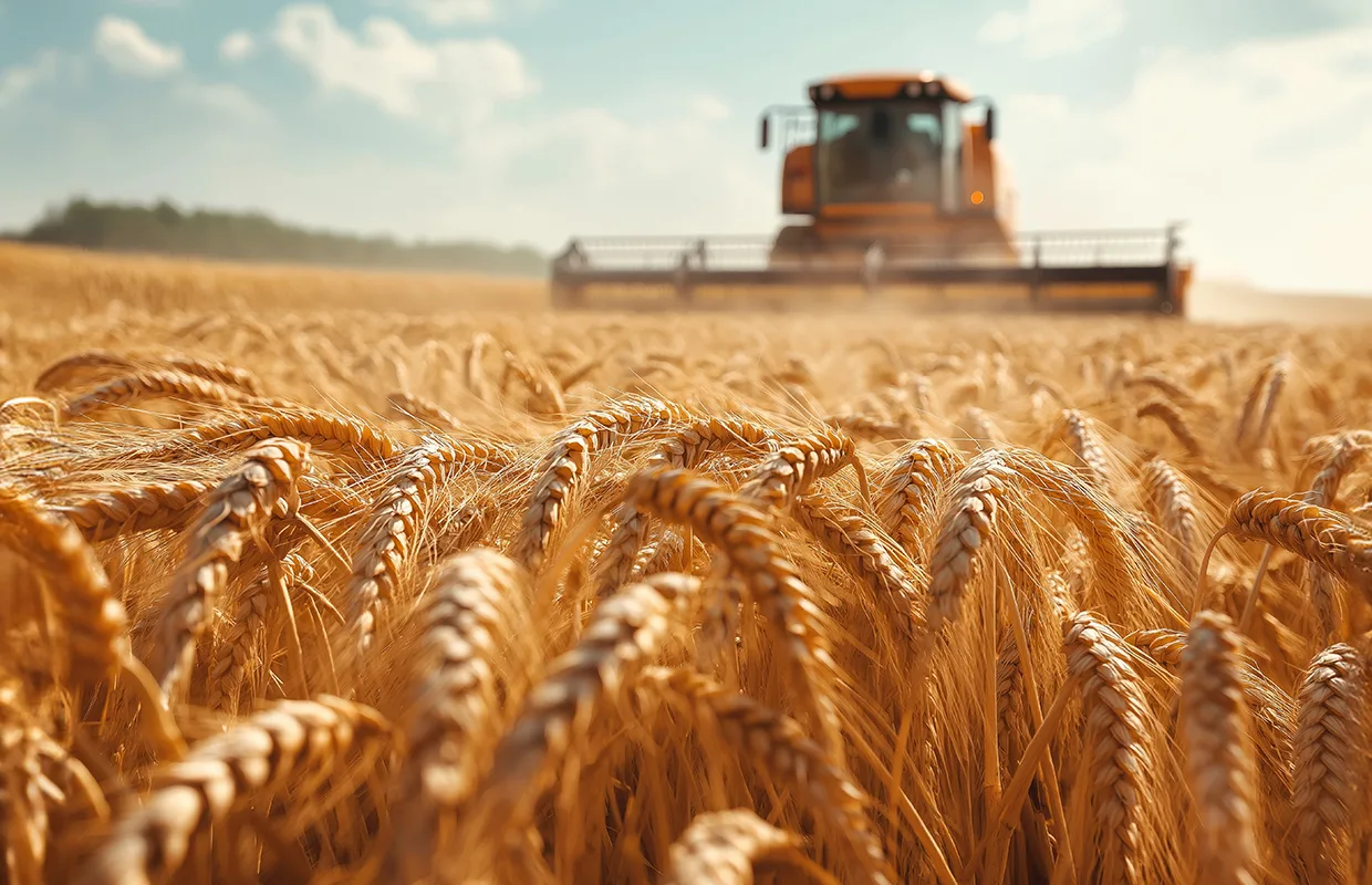 Expansive wheat field during harvest, a tractor working under a clear sky with golden grains swaying