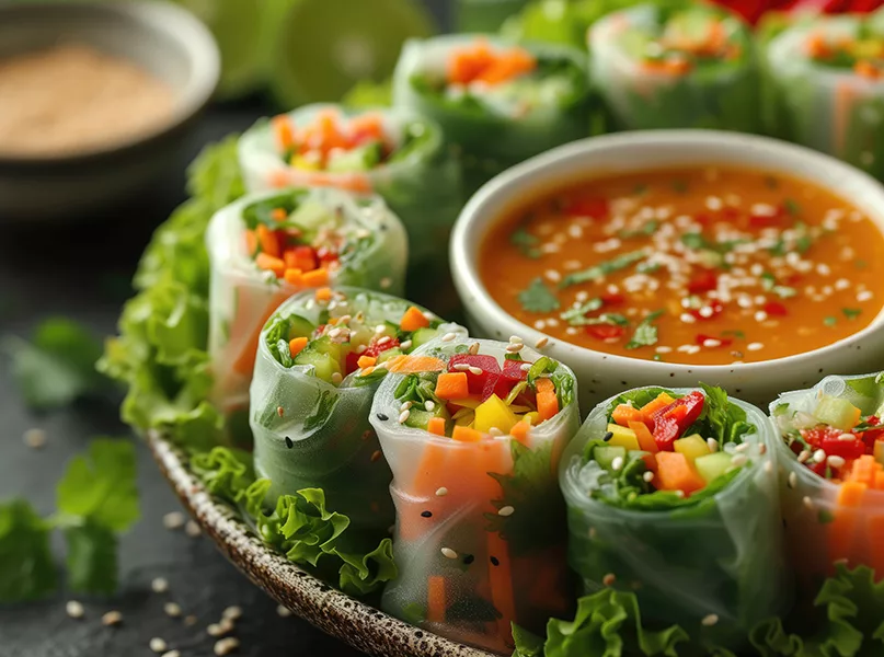 A platter of colorful salad rolls