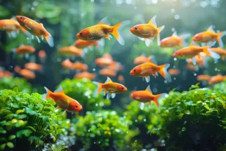 Golden fish swim in a lush aquaponics setup